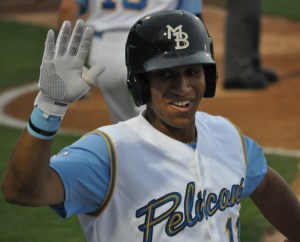 Bostick celebrates a home run vs the Frederick Keys during a comeback win May 1st. 