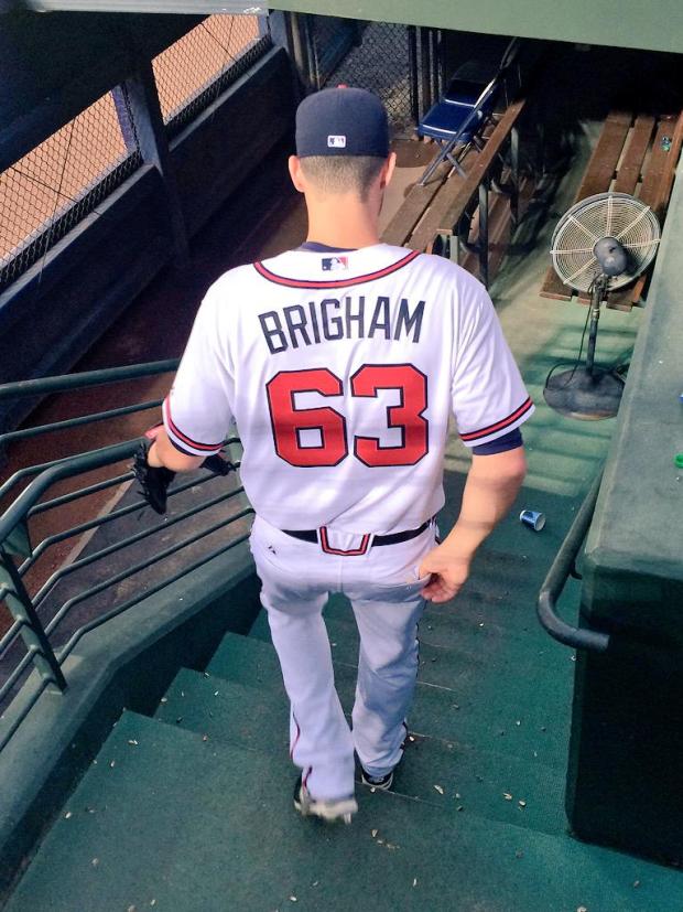 Brigham heads from the bullpen into the game for his MLB debut in the 6th inning - Photo by Krissy Rogers